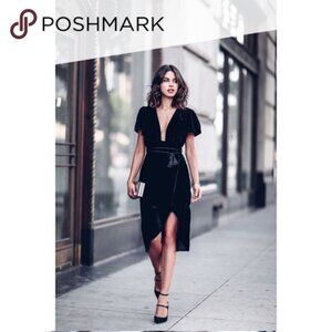 Velvet tie waist plunge midi dress